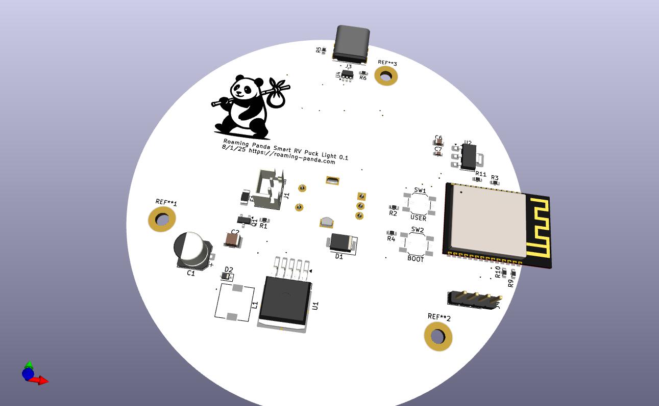 Solrove Smart RV Puck Light circuit board featuring ESP32 microcontroller, branded with the Solrove logo
